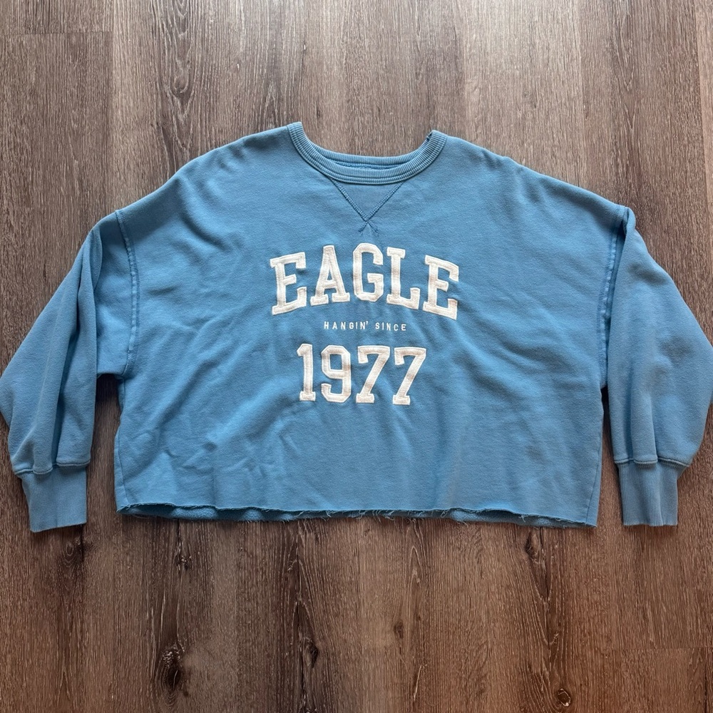 American Eagle Blue Cropped Crewneck Sweatshirt XL Eagle 1977 Oversized